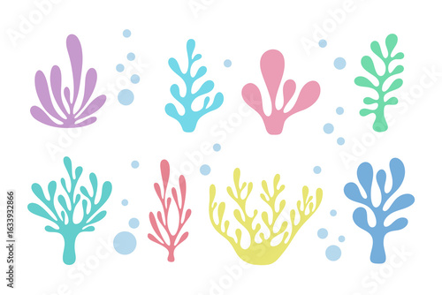 A set of colorful corals and algae, isolated on a white background. The shape of marine and oceanic plants, vector illustration, flat design. A collection of simple icons of the underwater world