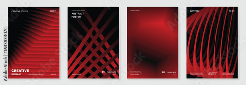 Modern gradient poster on dark background vector set. Cover template with red geometric shapes, wavy line. Modern Design for wall art, flyers, brochures, covers and web banners. 