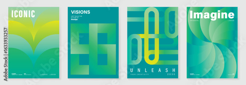 Modern gradient poster on green background vector set. Cover template with green and yellow geometric shapes, wavy line. Modern Design for wall art, flyers, brochures, covers and web banners. 