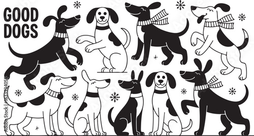 Cartoon illustration of black and white dog and cat animal silhouettes