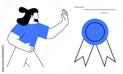 Person gesturing refusal toward blue medal, symbolizing rejection or hesitation toward recognition or success. Ideal for ambition, growth, challenge, motivation, self-doubt, decision-making, personal