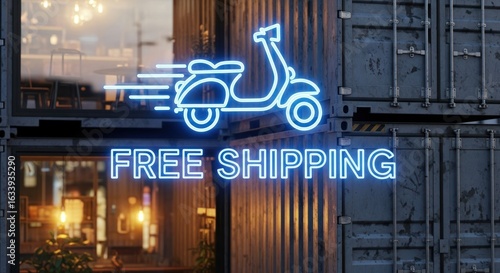 Vibrant neon scooter and free shipping sign illuminating container storefront