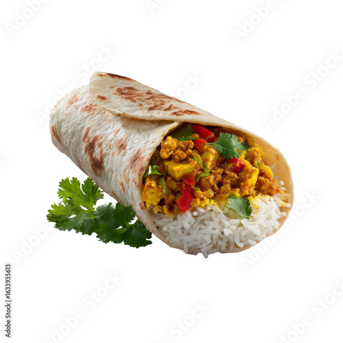 Delicious Paneer Tikka Masala Burrito with Rice and Cilantro Garnish