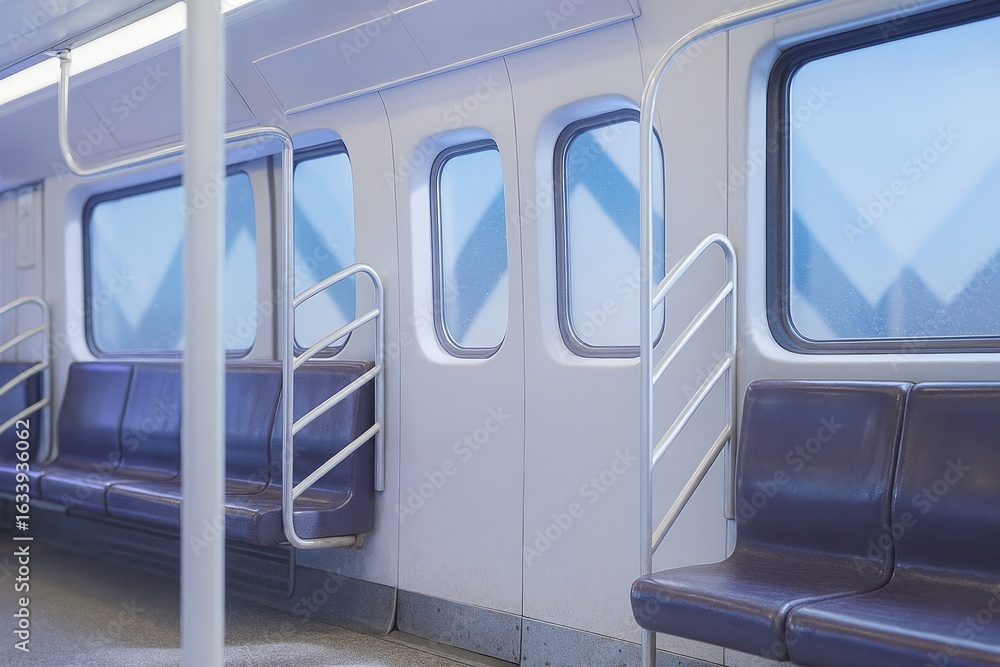 Obraz premium Empty modern subway train interior with blue tinted windows and brown seats 