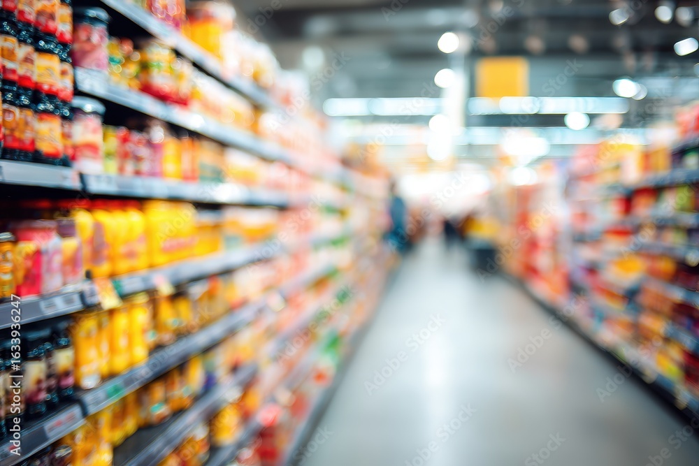 Fototapeta premium Blurred supermarket aisle with food products (2)
