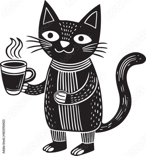 Cute cartoon kitten drawing with a tail is sitting with a funny cup of coffee or tea to enjoy its domestic life with love