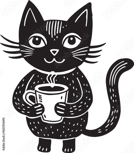 Cute cartoon black cat holding a steaming mug of hot coffee or tea, a perfect vector illustration for a cafe icon