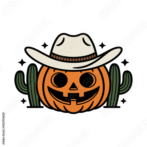 Cowboy Pumpkin Jack O' Lantern with Cactus Illustration