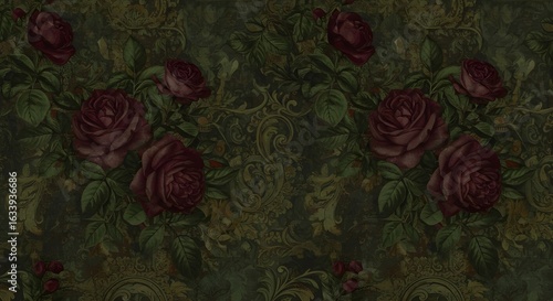 Wallpaper Design: Moody botanical wallpaper design with deep green foliage, dark roses, baroque patterns, vintage texture overlay