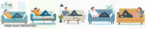 Flat Style Relaxing Man on Couch Illustration Set of Different Poses