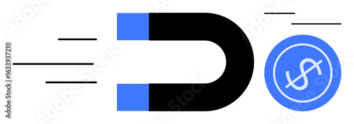 Black and blue magnet attracting a dollar coin, symbolizing revenue, earning potential, and business growth. Ideal for financial success, investment, marketing, commerce, customer loyalty strategy