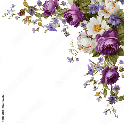 Romantic floral corner border with Victorian roses and trailing violets, isolated on transparent background .