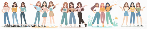 Cute Illustration of Three Young Girls Friends Standing Together Cartoon Style