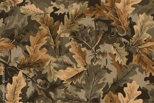 Mossy oak and brown camouflage with leaves vector seamless pattern. Realistic vector design, showcasing details of autumn colors in the foliage.Vector Illustration, good for military and hunting.