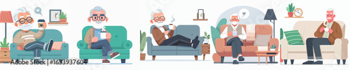 Flat Design Relaxed Senior Man Sitting on Sofa Illustration Set