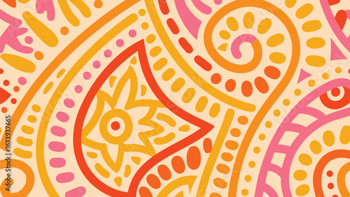 Abstract floral pattern with swirls and dots in pink orange and yellow on a light background design art