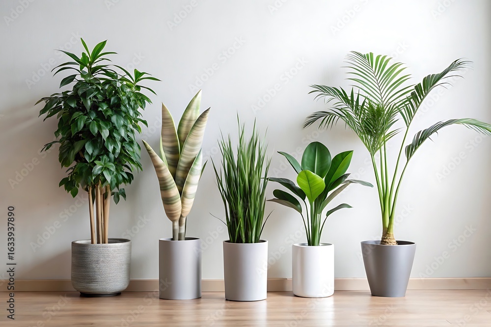 A collection of five diverse potted houseplants arranged against a plain white wall on a wooden floor A collection of five diverse potted houseplants arranged against a plain white wall on a wooden floor