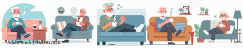 Flat Illustration Series of Senior Man Relaxing on Sofa at Home