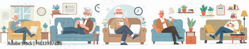 Flat Illustration Senior Man Relaxing on Sofa in Living Room