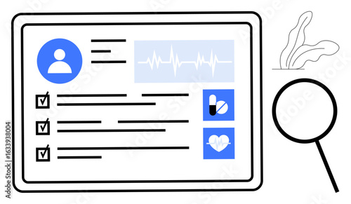 Electronic health record featuring patient information, checklist, vital signs, medicine icon, and heart symbol. Ideal for healthcare, technology, health tracking, diagnostics data analysis