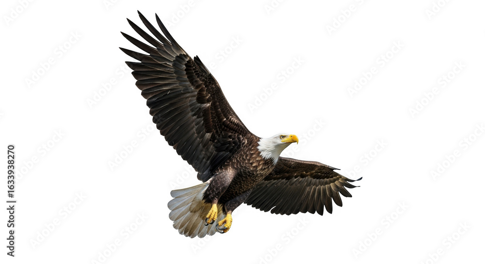 Obraz premium Majestic white tailed eagle soars against a stark black background