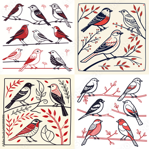 Colorful set of decorative birds illustrated on natural backgrounds  