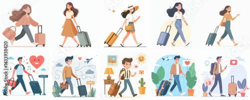 Flat Style Illustration of People Pulling Luggage for Travel Activity
