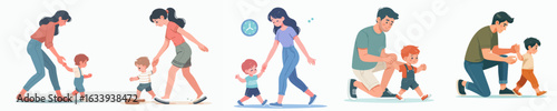 Flat Illustration of Parents Helping Child Taking First Steps Concept Design