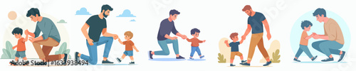 Minimalist Father and Son Walking Learning Cartoon Illustration Asset