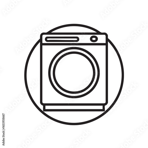  A black and white line drawing of a washing machine inside a circle.