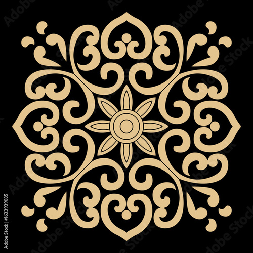 A symmetrical abstract design presents an elegant central flower and decorative swirls.