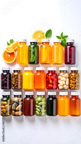 Variety of colorful health supplements and juices