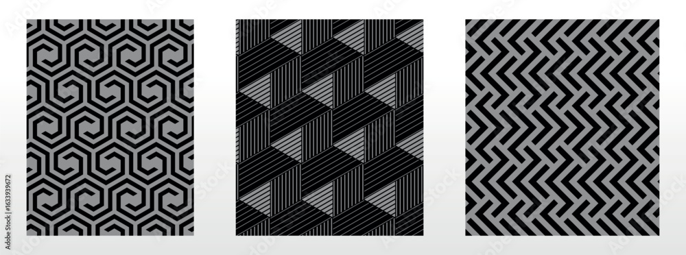Fototapeta premium Geometric set of seamless black and gray patterns. Simple vector graphics