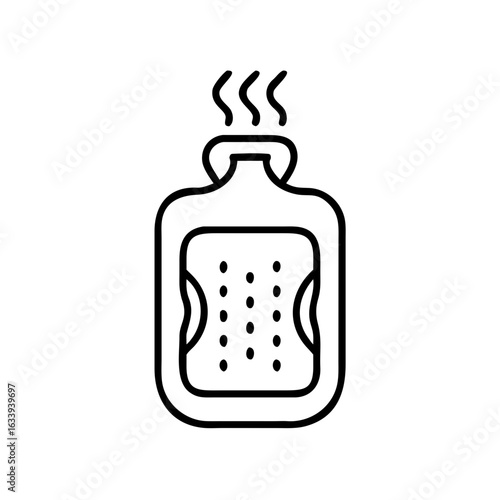 Line icon of a hot water bottle with steam, symbolizing warmth, menstrual pain relief, and therapeutic comfort.
