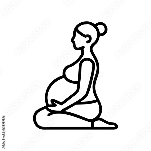 Line icon of a pregnant woman kneeling in a yoga pose, representing prenatal fitness, calm, and maternal wellness.
