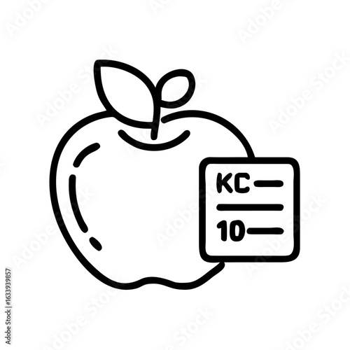 Line icon of an apple with a calorie counter label, representing healthy eating, diet tracking, and nutritional awareness.
