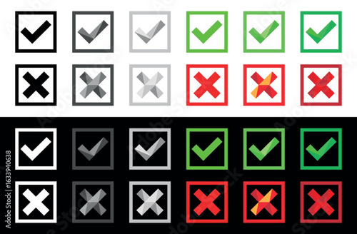 Green and red checkbox icons set with tick and cross. Check mark and X mark box icon. Check box and X box icon for marking. Vector illustration isolated on black and white background.