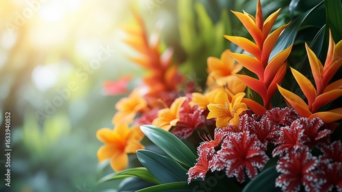 A vibrant cluster of tropical flowers in sunlight, showcasing vivid red, orange, and yellow blooms amid lush green foliage.