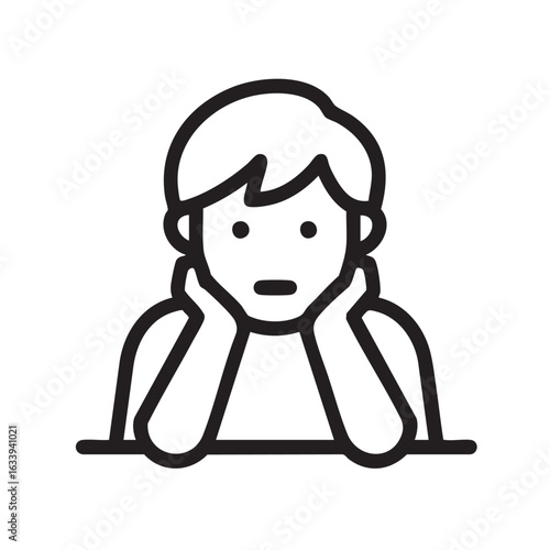 A simple line drawing of a person resting their face in their hands.