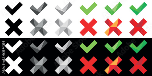 Checkmarks buttons set in contrasting colors. Tick and cross checkmarks. Vector illustration isolated on black and white background.
