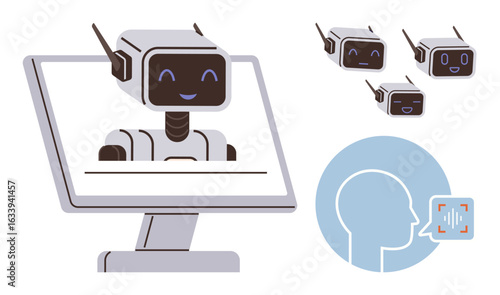 Robot face on a computer monitor, multiple chatbot icons with expressions, and a voice recognition symbol. Ideal for AI, customer service, tech innovation, communication, automation, voice tech user