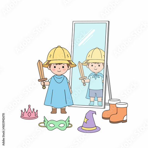 Cartoon Boy Dressed as Knight with Wooden Sword and Yellow Helmet.