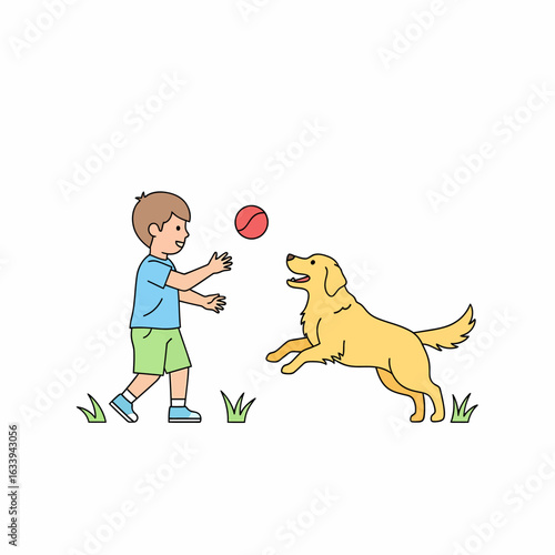 Happy young boy in a blue shirt playing catch with a playful golden retriever and a red ball.