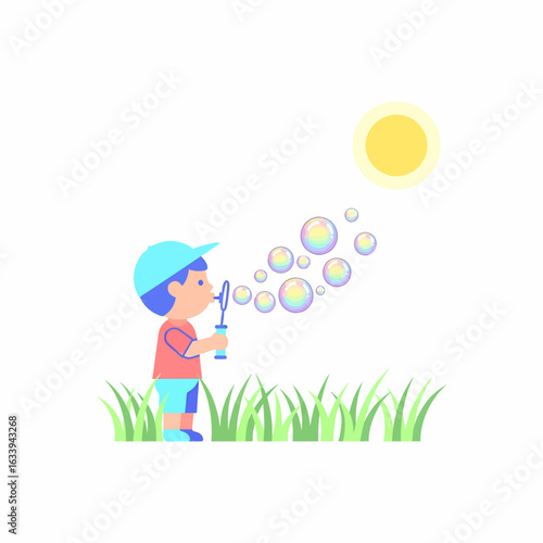 Cartoon boy in a blue cap and red shirt blowing a stream of colorful soap bubbles.