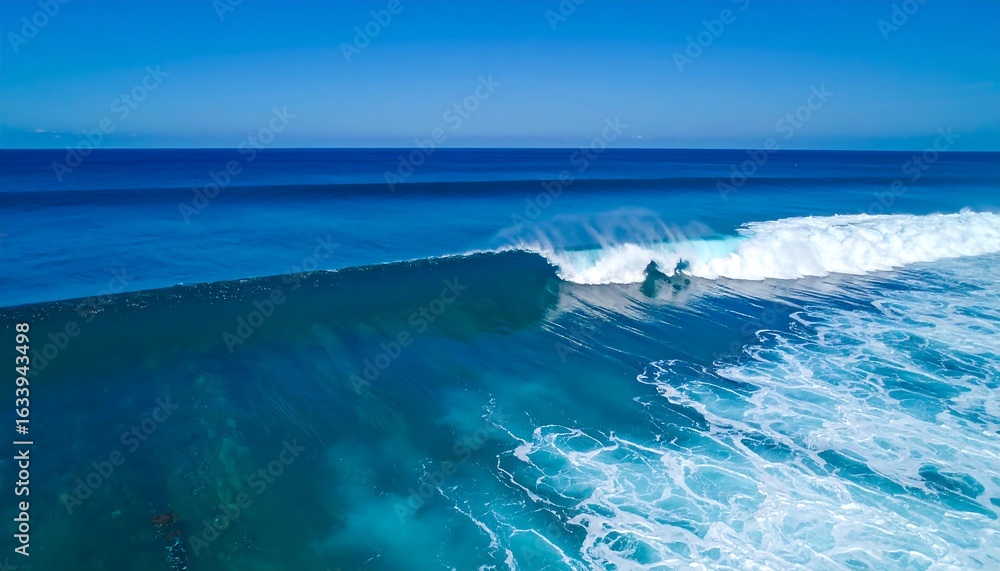 Fototapeta premium Azure ocean wave breaks over vibrant turquoise shallows under a clear blue sky