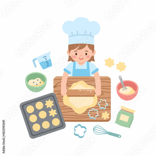 Cute Child Chef Rolling Dough for Cookies with Baking Supplies.