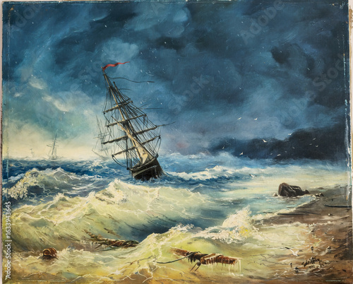Fototapeta Naklejka Na Ścianę i Meble -  Shipwreck Painting of a Sailing Vessel in a Stormy Sea with Rough Waves