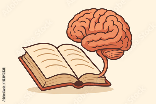 Brain learning concept, reading stimulates mind, intelligence and knowledge from books, open book with human brain, education, memory, idea inspiration, study, vector cartoon illustration