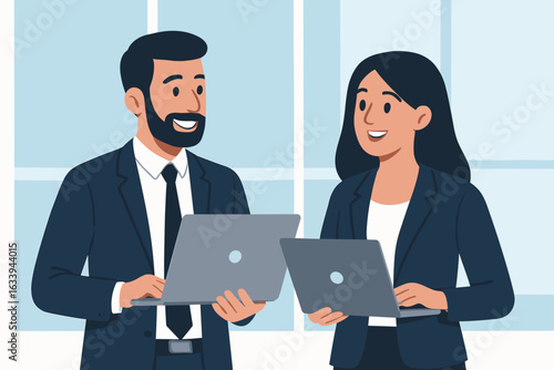 Businessman and businesswoman with laptops standing in modern office, smiling and talking, holding computers, flat design vector illustration of professional teamwork and business communication