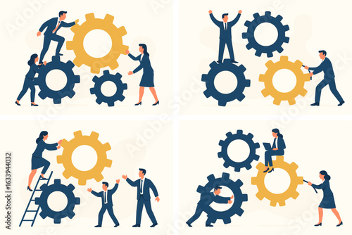 Teamwork and Collaboration Concept with Businesspeople Operating Interlocking Gears, Team Pushing and Climbing Cogwheels, Office Productivity, Leadership, Corporate Synergy, Workflow Optimization